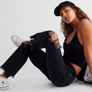 FREE PEOPLE Maggie Mid Rise Washed Black Distressed Straight Leg Cropped Jeans